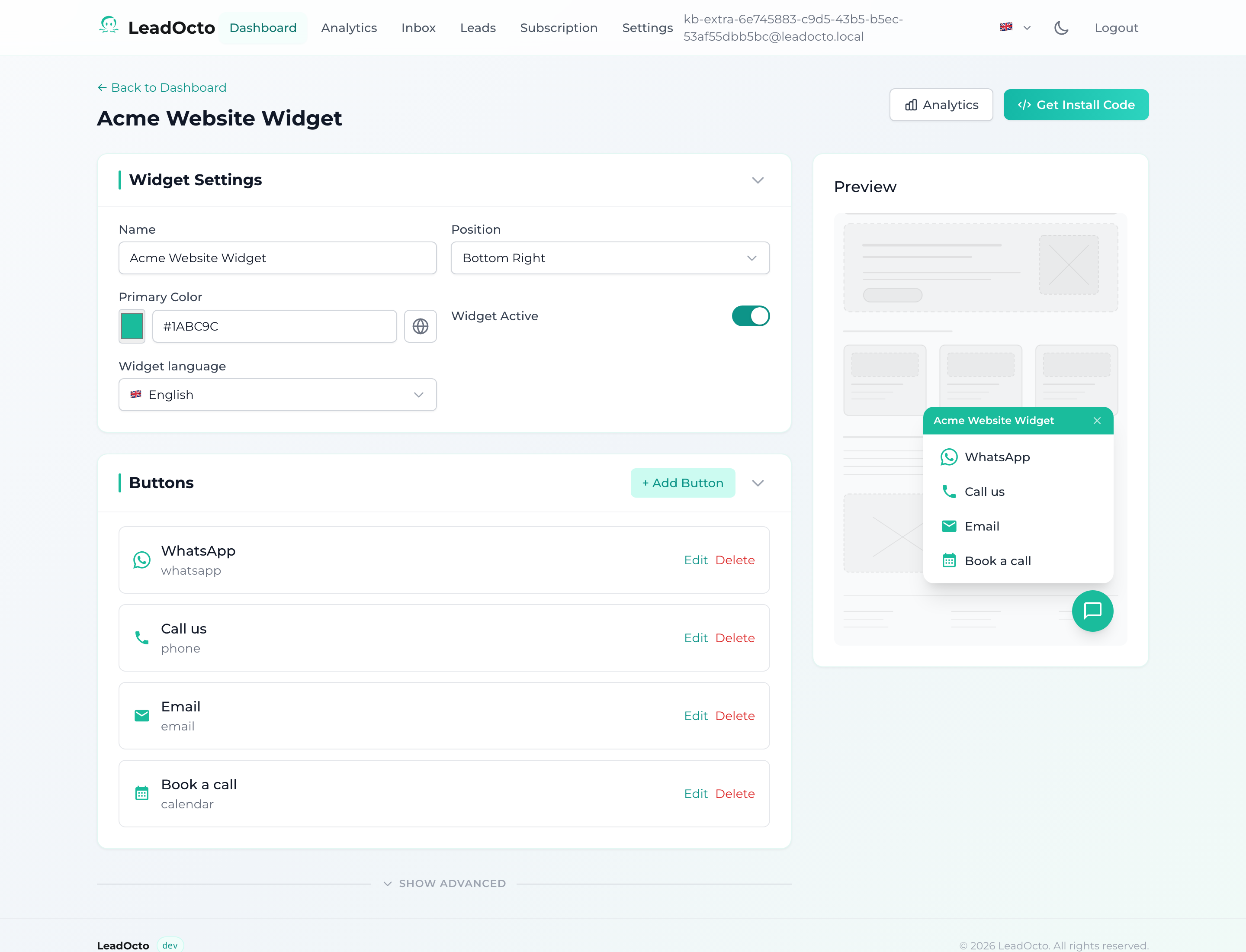 The Buttons section of the widget editor showing WhatsApp, phone, email and a Calendly button.