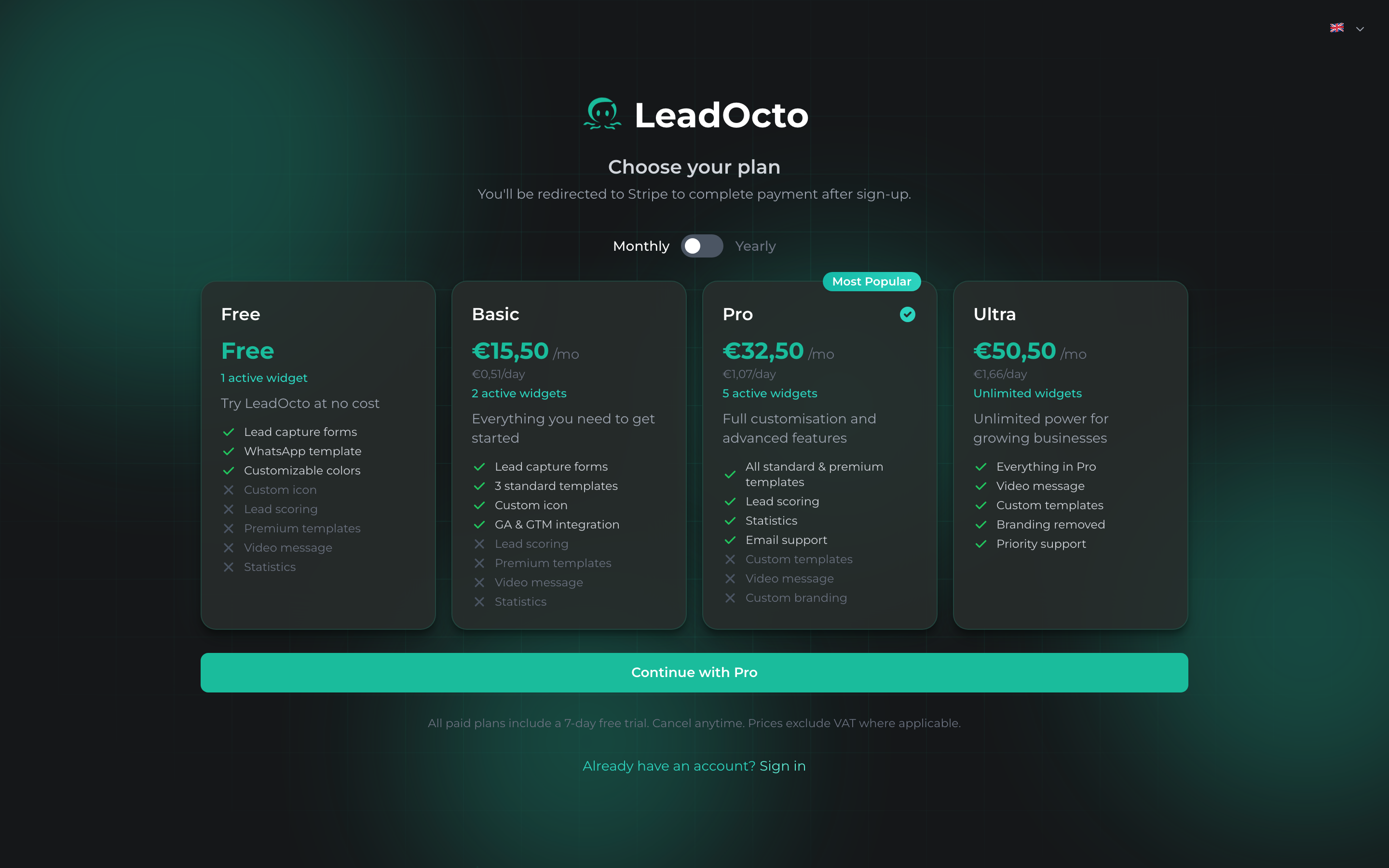 The four plans. Starting with Free is perfectly fine, you can upgrade later.