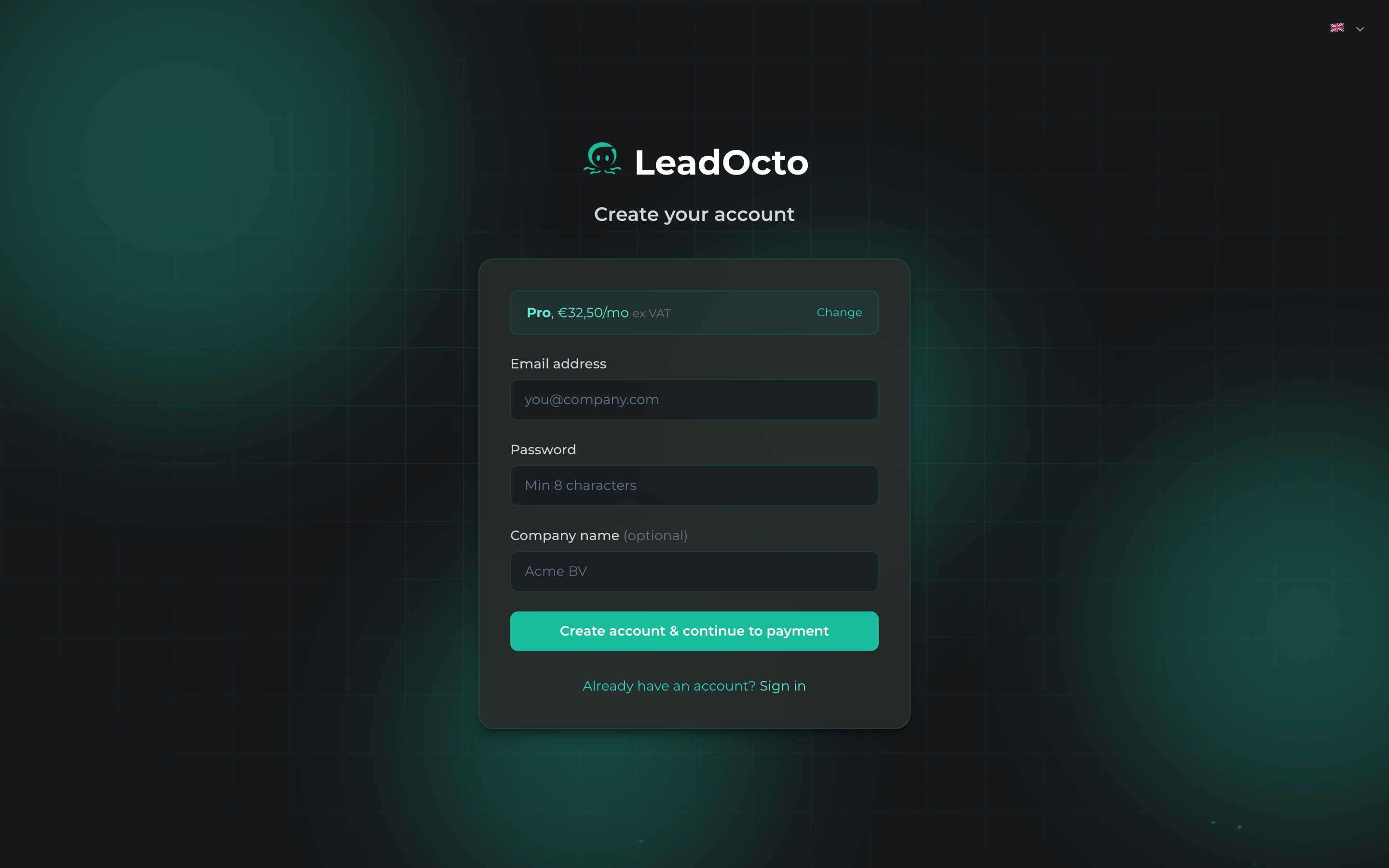 The registration form, shown after selecting a plan.