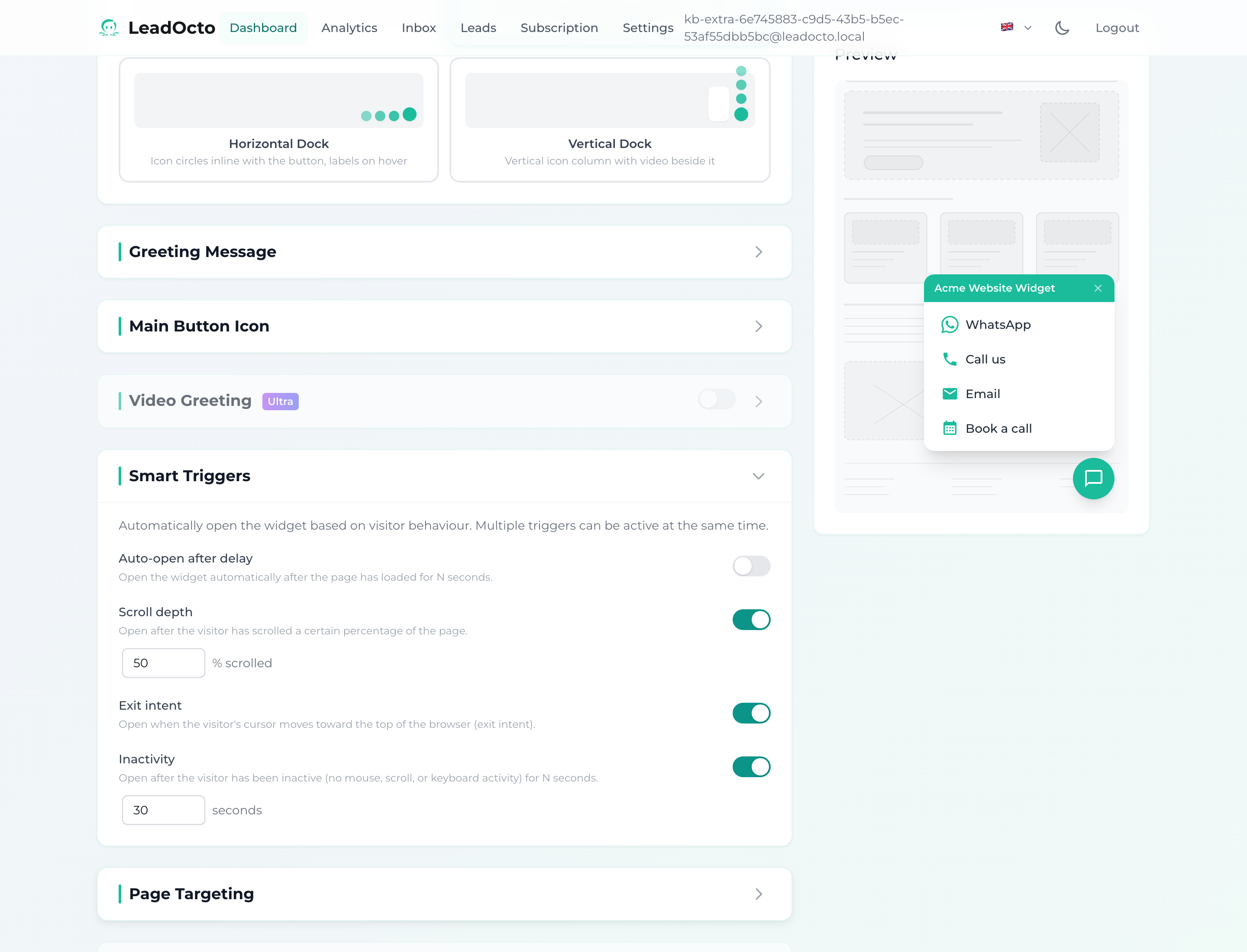 The Smart Triggers section of the widget editor showing all four triggers side by side.