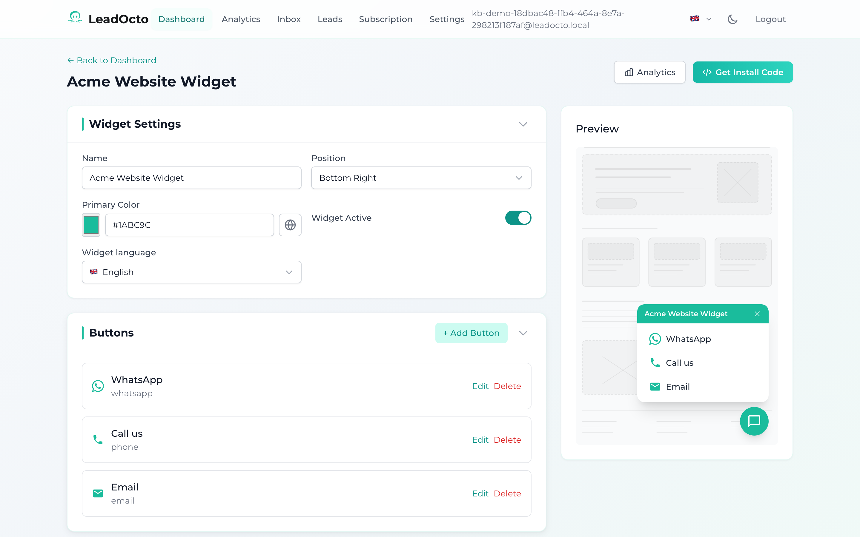 The widget editor, settings on the left, live preview on the right.